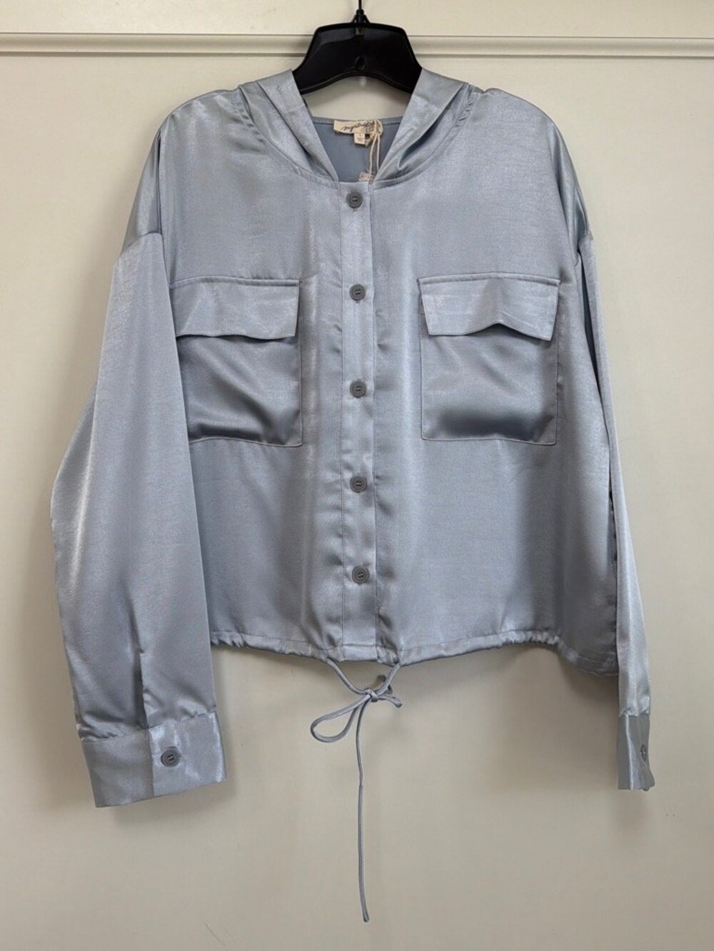 Mystree Silver Blue Hooded Satin Shacket Button-Down Drawstring NWT Size L